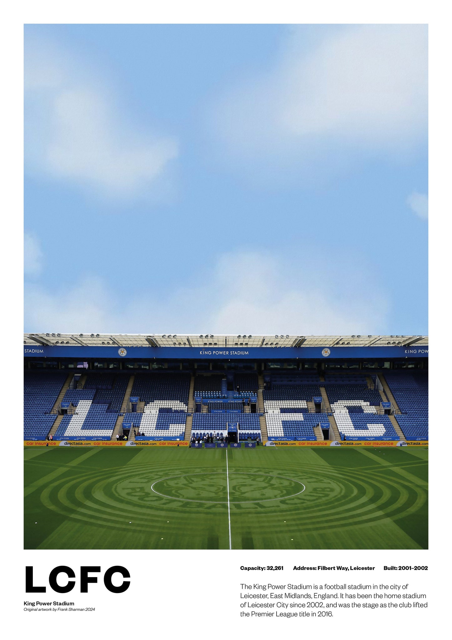Leicester City Football Poster Print A4 A3 painting, Claudio Ranieri, premier league winners, Jamie Vardy lcfc King Power Stadium