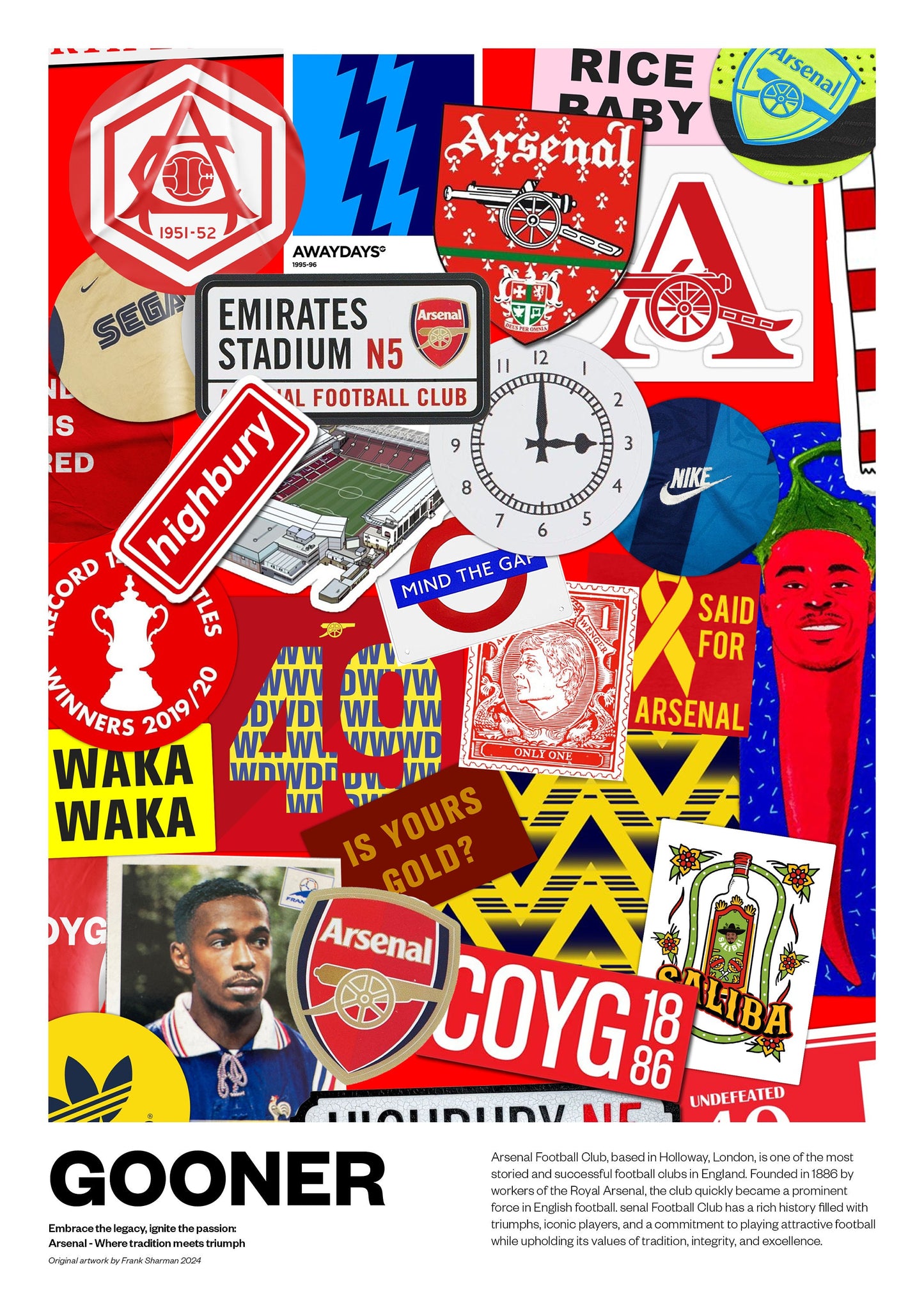 Arsenal Football Poster Stickers - AFC Print Vintage Retro A4 print painting - Rice Odegaard Saka Havertz Thierry Henry Highbury Gunners