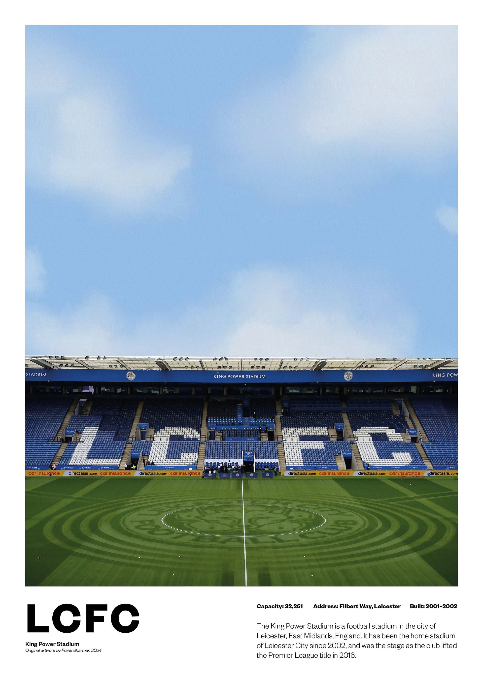 Leicester City Football Poster Print A4 A3 painting, Claudio Ranieri, premier league winners, Jamie Vardy lcfc King Power Stadium