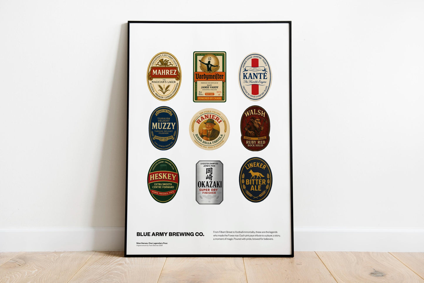 Leicester City legends beer mat Football Poster Print A4 A3 painting, Claudio Ranieri, premier league winners champions, Jamie Vardy lcfc