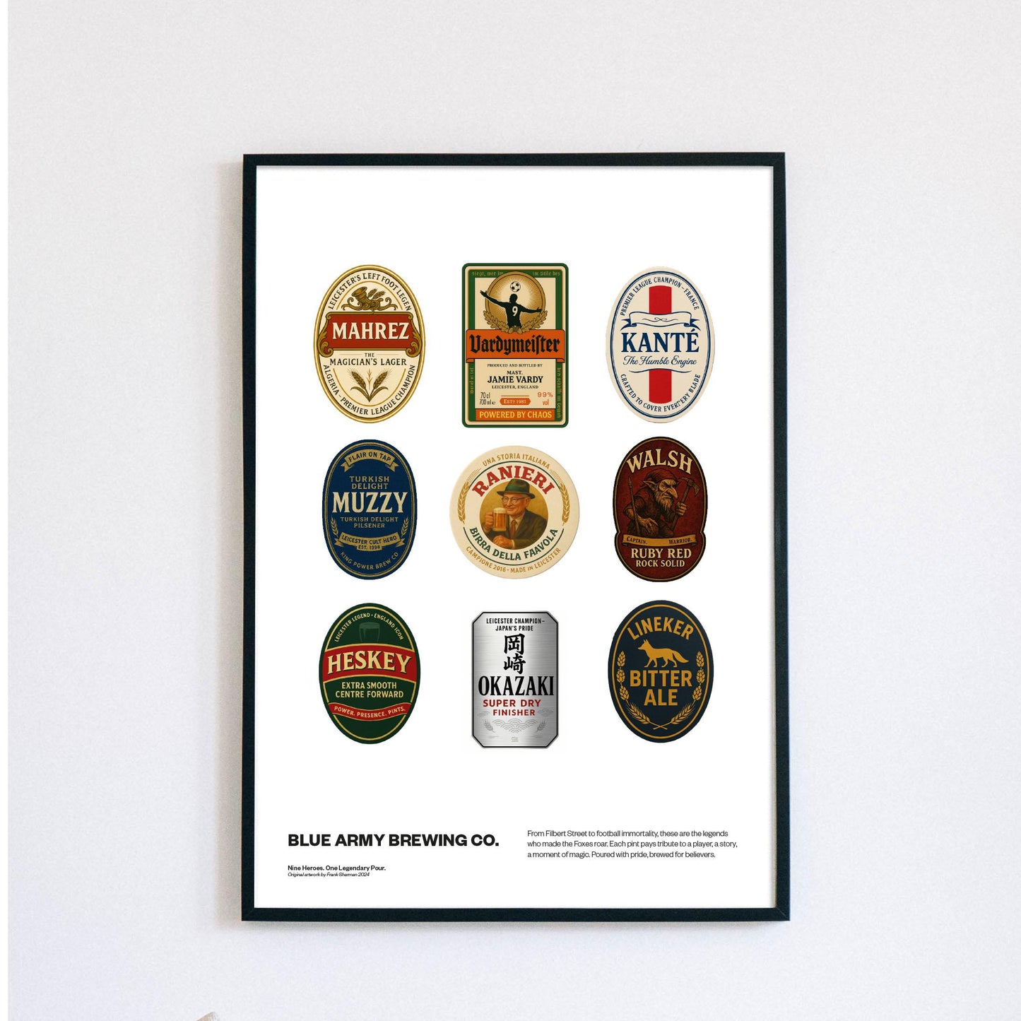 Leicester City legends beer mat Football Poster Print A4 A3 painting, Claudio Ranieri, premier league winners champions, Jamie Vardy lcfc