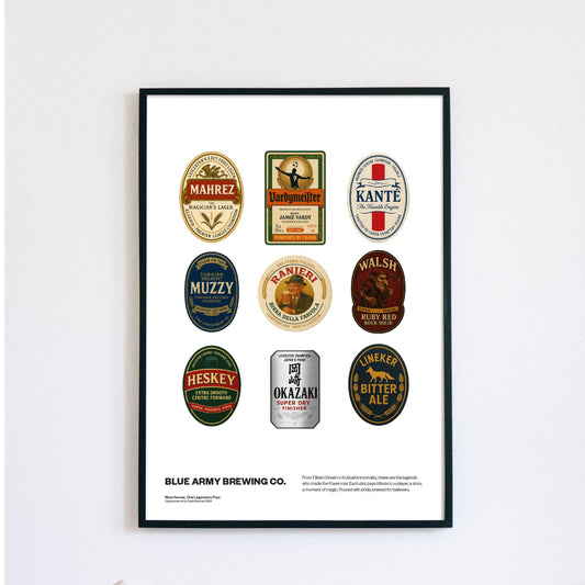 Leicester City legends beer mat Football Poster Print A4 A3 painting, Claudio Ranieri, premier league winners champions, Jamie Vardy lcfc