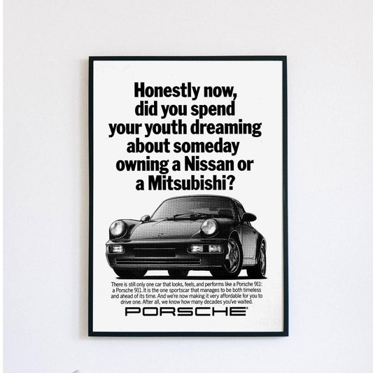 Porsche 911 Ad Print - Vintage Advert Porsche Poster - Black & White Print - Porsche Car Wall Art