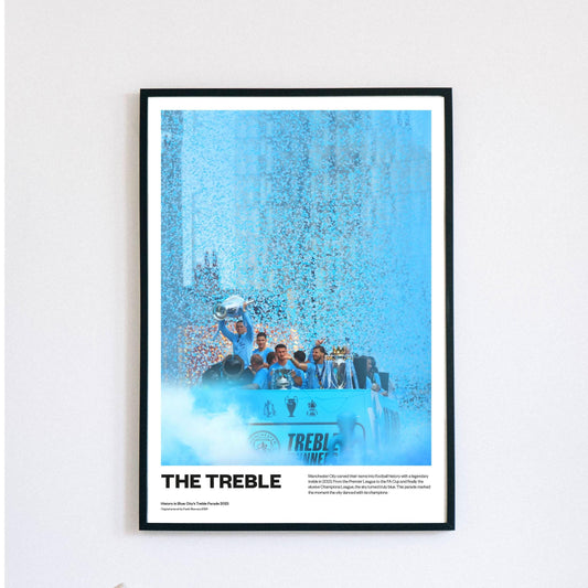 Commemorate a once-in-a-generation football achievement — Manchester City’s 2023 treble-winning parade. This detailed print showcases the trophy-laden open-top bus celebration in vivid colour. Available in multiple sizes with framing options, and carefully packed in a poster tube for safe delivery.